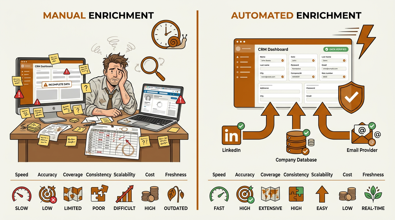 Manual vs automated CRM data enrichment comparison for B2B sales teams
