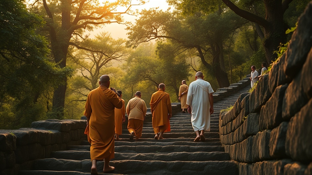 Pèlerins bouddhistes sur le chemin de pierre menant au temple de Puyong dans la montagne