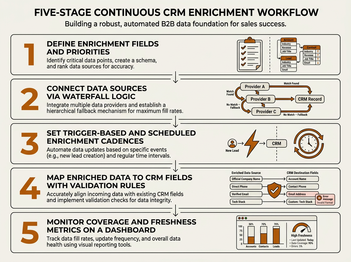 Five-step infographic for building a continuous CRM data enrichment workflow