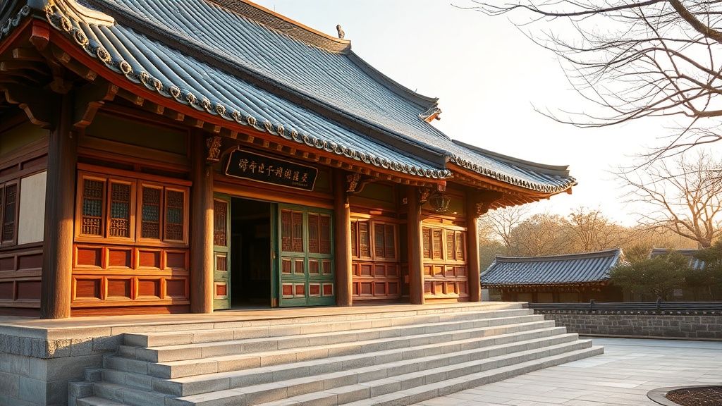 Salle principale d'un temple bouddhiste coréen aux peintures dancheong rouge et verte, toiture incurvée traditionnelle