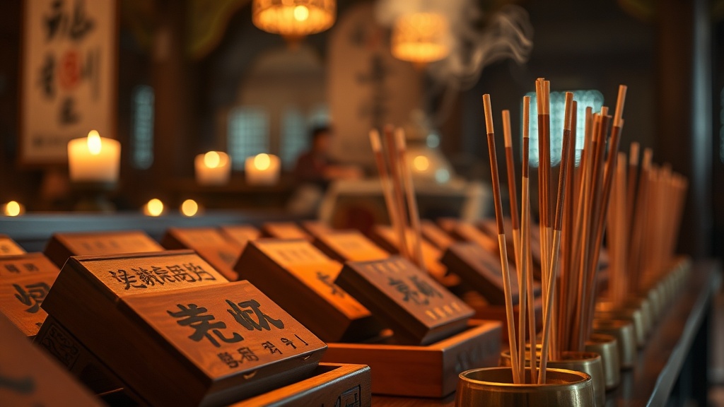 Tablettes votive en bois et bâtons d'encens devant un autel de temple bouddhiste coréen, lumière de bougie tamisée