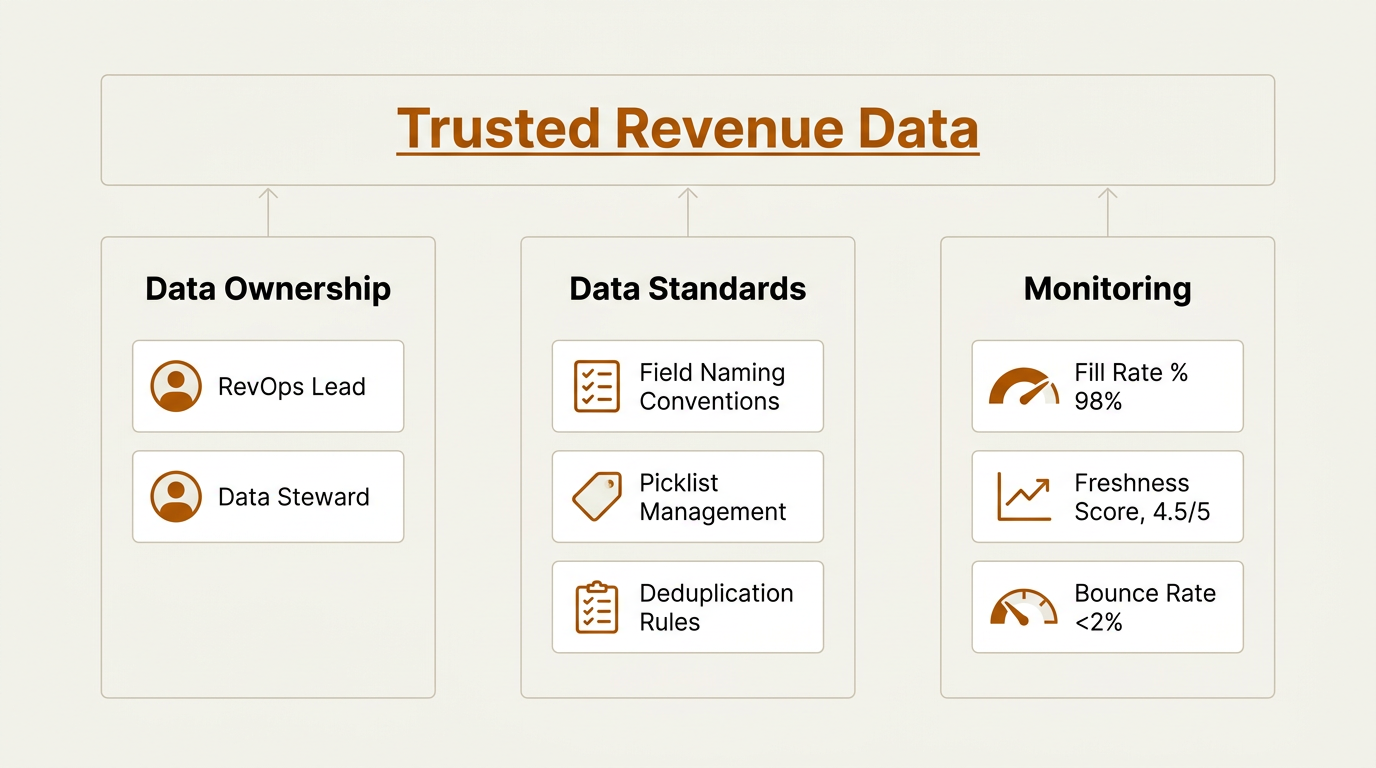 CRM hygiene governance framework diagram with data ownership, standards, and monitoring pillars supporting trusted revenue data