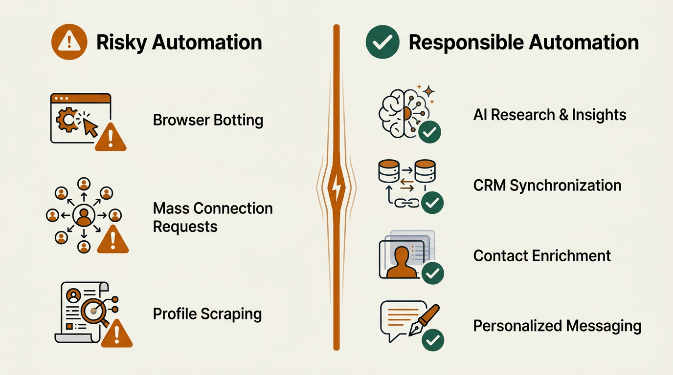 Comparison diagram of risky LinkedIn automation versus responsible AI-assisted prospecting