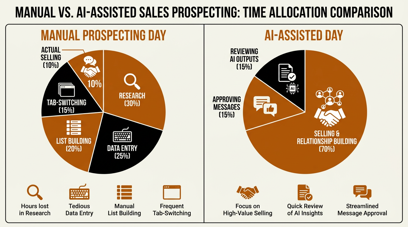 Pie chart comparison of manual vs AI-assisted LinkedIn prospecting time allocation