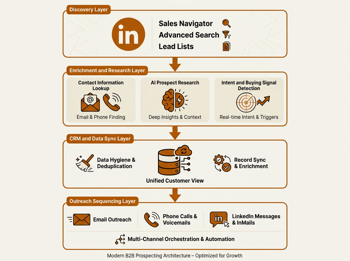 B2B sales prospecting tech stack architecture from LinkedIn discovery to multi-channel outreach