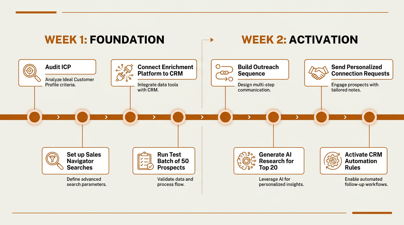 Two-week implementation timeline for automated LinkedIn prospecting setup