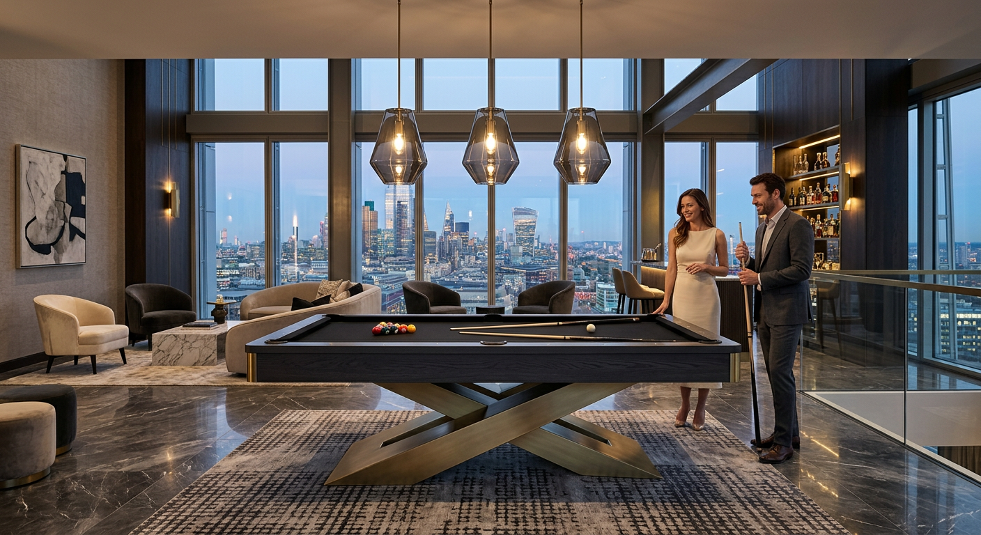 Statement Pool Tables for Penthouses That Elevate Luxury | Luxury Custom Pool Tables | Brilliant Billiards A modern cantilever pool table in a high-rise penthouse lounge, shown in three-quarter view with dramatic pendant lighting...