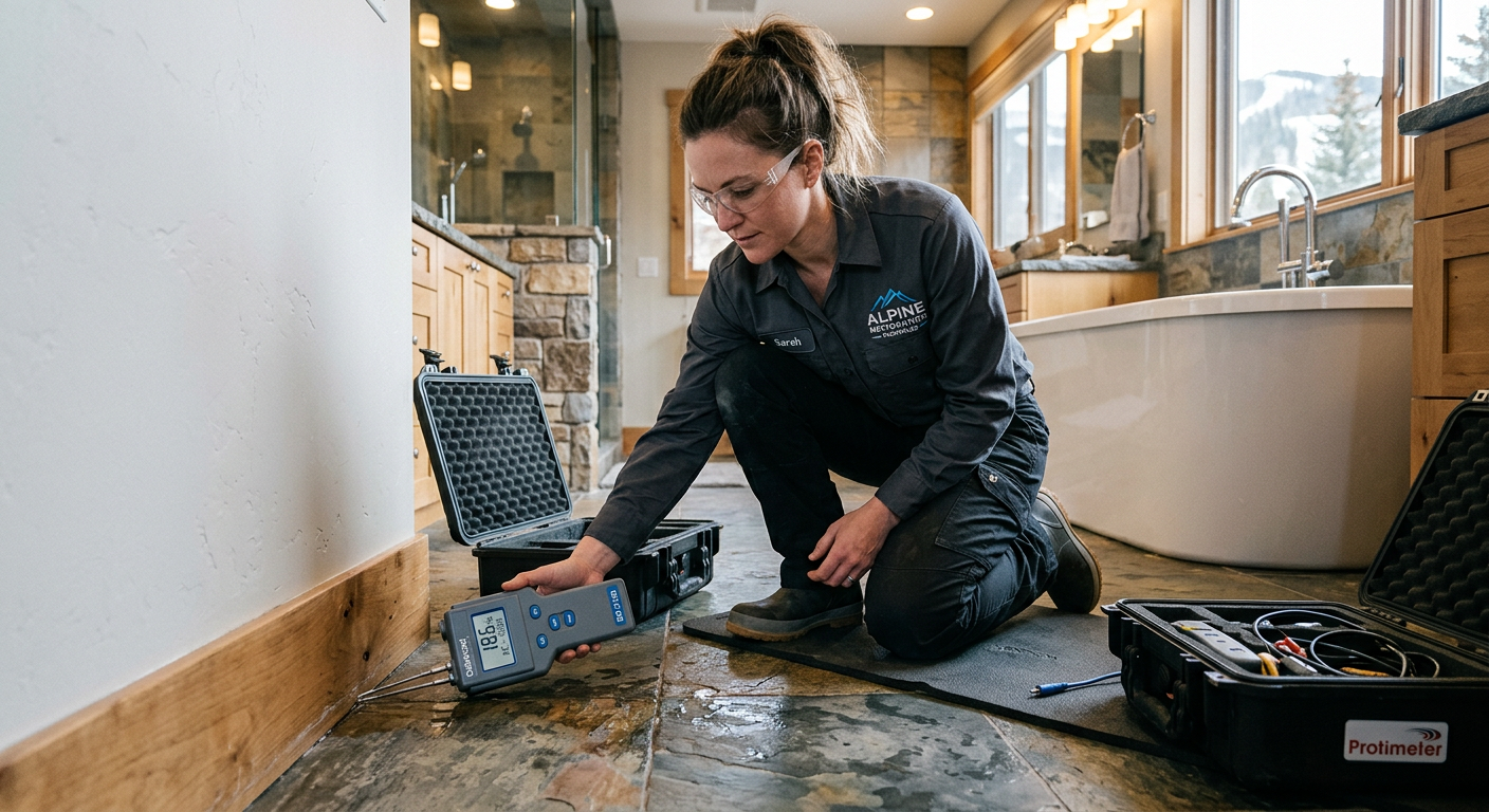 Modern photorealistic scene of a technician inspecting damaged flooring and taking moisture readings inside a Snowmass Vil...