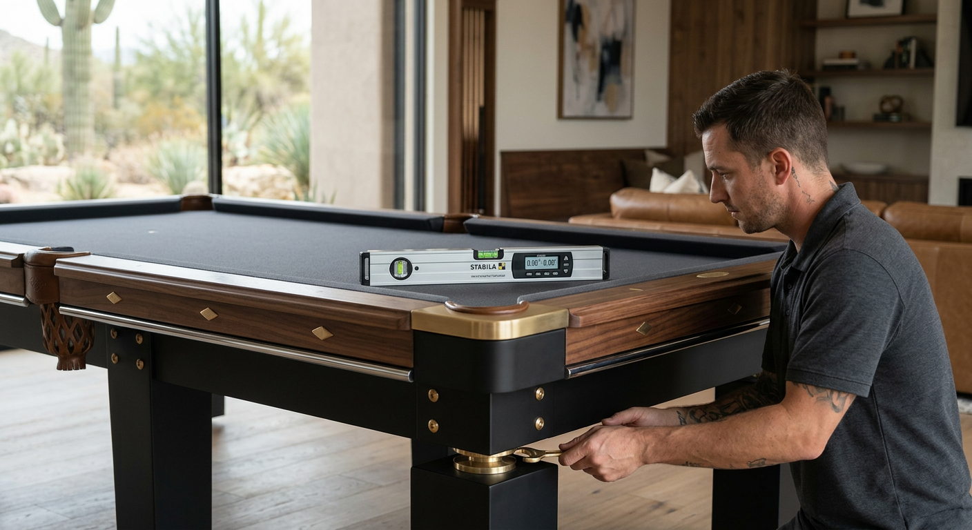 Pool Table White Glove Installation in Luxury Homes | Luxury Custom Pool Tables | Brilliant Billiards Close-up photorealistic scene of a luxury pool table being leveled with precision tools in a contemporary Scottsdale game ...