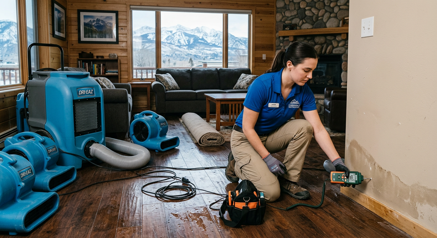 Modern photorealistic in-content scene of a technician using moisture meters and setting up drying equipment inside a part...