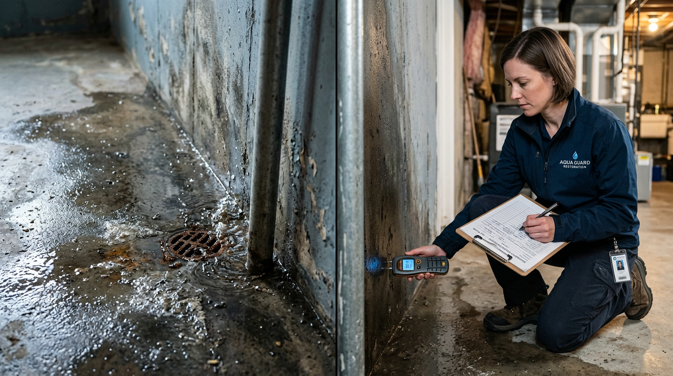 A close-up photorealistic split scene showing a wet basement floor on one side and a technician documenting damage with a ...