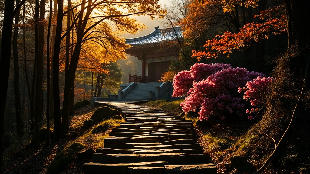 Allée en pierre menant au temple Kwanumsa à travers la forêt du mont Hallasan, île de Jeju