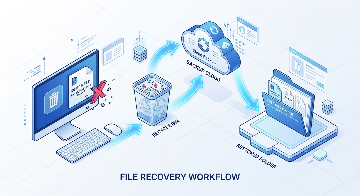 A clean, modern isometric illustration of a desktop file recovery workflow, showing a deleted file, a recycle bin, a backu...