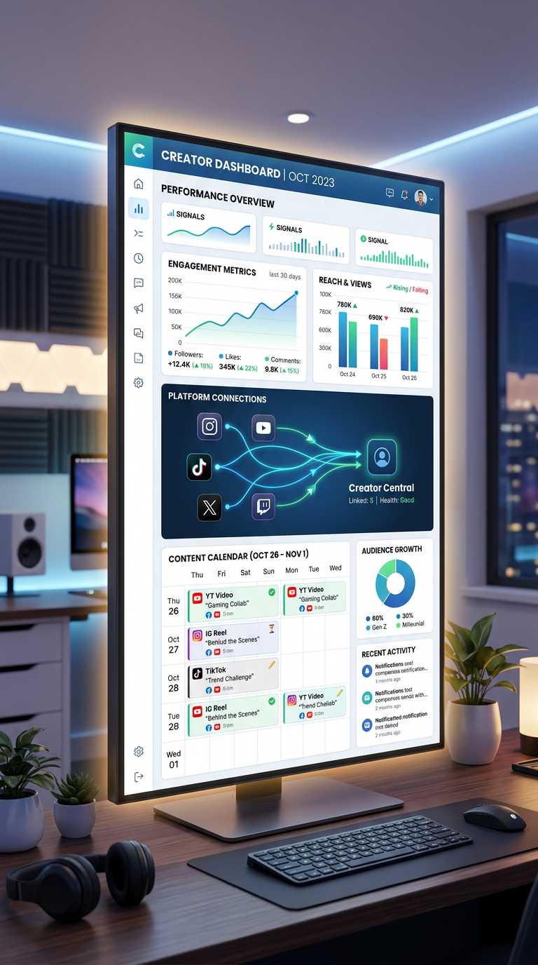 A modern illustration of a creator dashboard on a large vertical screen, showing rising and falling engagement signals, a ...
