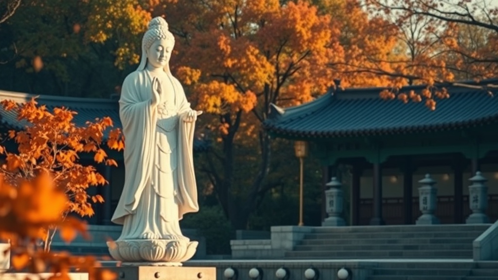 Grande statue de Gwanseeum-bosal, bodhisattva de la compassion, dans la cour du temple Kwanumsa à Jeju
