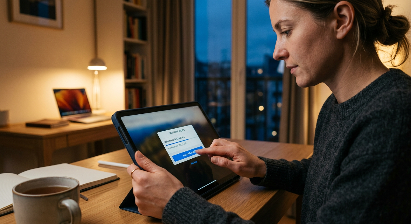 Photorealistic close-up of a person tapping a tablet to approve a software update, with a softly lit home office backgroun...