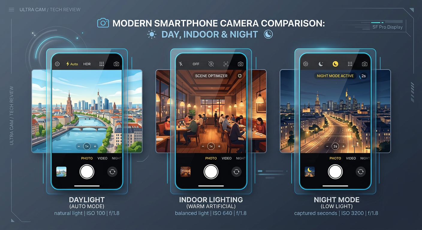Modern illustrative comparison scene showing a smartphone camera app interface capturing the same subject in daylight, ind...