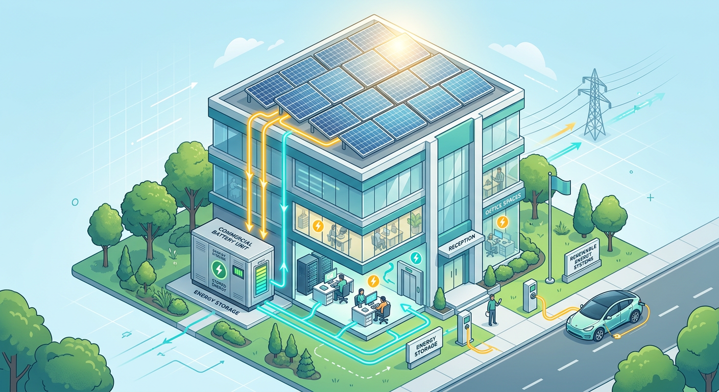 Independent Solar | Commercial Battery Storage Benefits for Businesses and Dealers Clean modern illustration of a commercial building with rooftop solar panels connected to a large battery unit, energy flo...