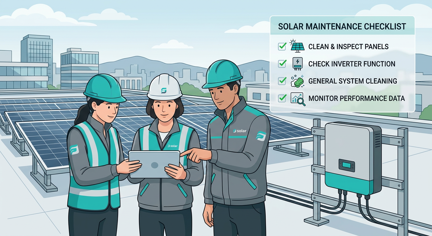 Independent Solar | Commercial Solar Maintenance Checklist for Reliable Performance Modern illustrative scene of a commercial solar maintenance team reviewing a tablet next to rooftop solar equipment, with ...