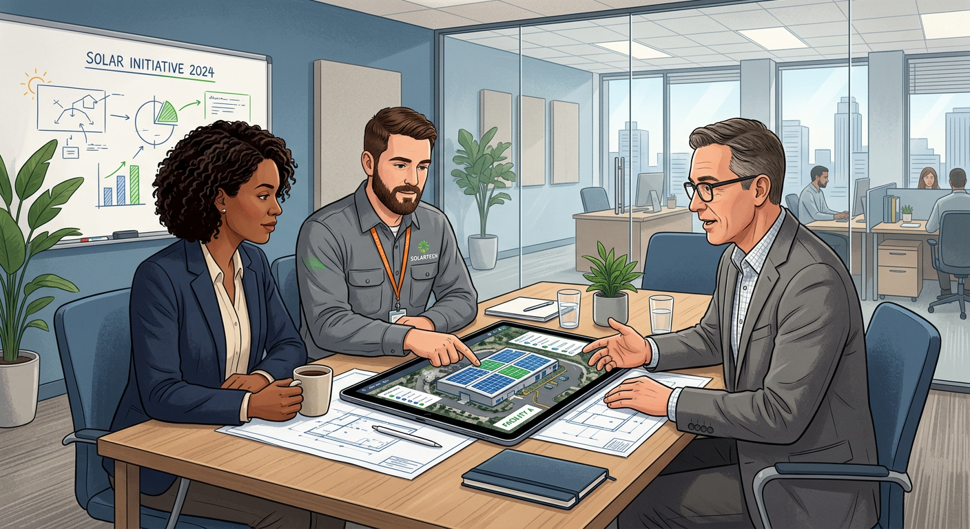 Independent Solar | Solar Installation for Commercial Buildings: A Practical Guide Modern editorial illustration of a commercial solar planning meeting with a facility manager, installer, and dealer review...