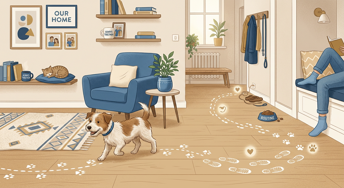 Modern illustrative scene showing a dog following multiple footprints through a home, with subtle visual cues for attachme...