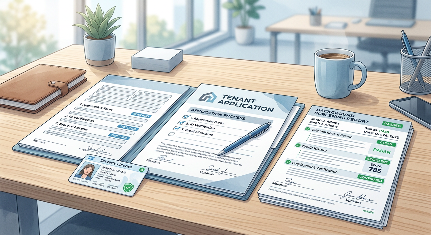 Modern close-up illustration of a tenant application packet with checklist marks, ID verification, and background screenin...