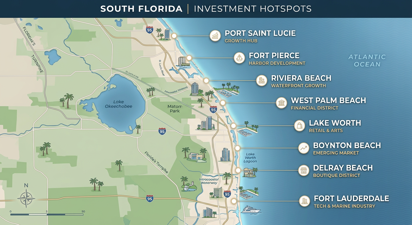 A modern illustrative map-style scene of South Florida with highlighted investment hotspots, including West Palm Beach, Bo...