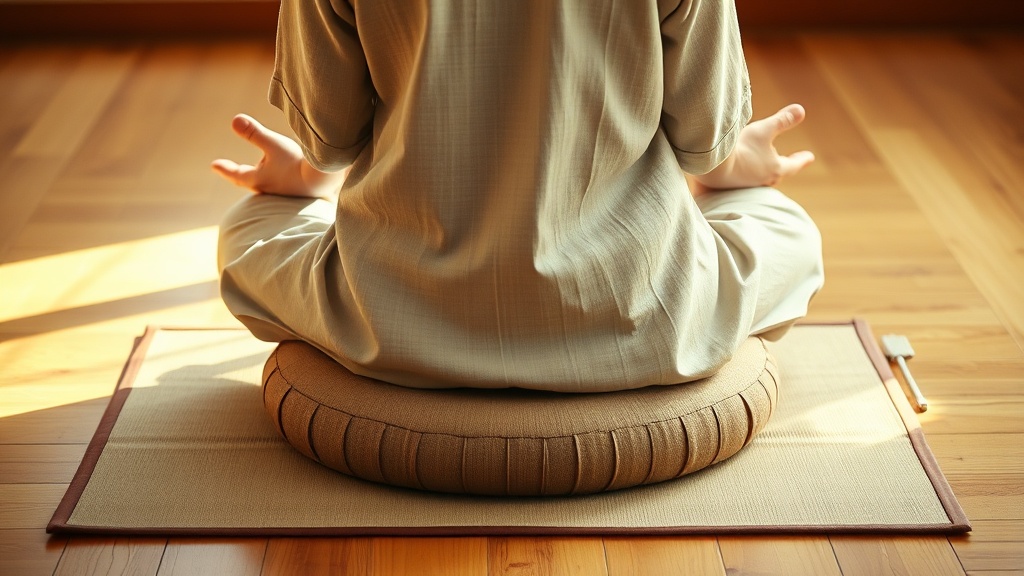 Person sitting cross-legged in Burmese position on a round zafu meditation cushion over a zabuton mat