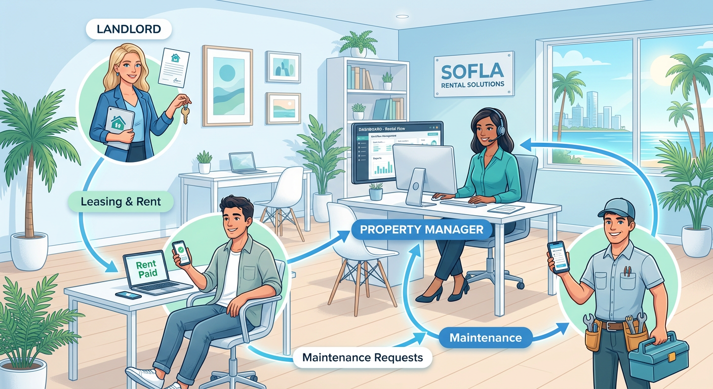 Professional modern illustration of a rental management workflow, showing a landlord, tenant, maintenance worker, and prop...