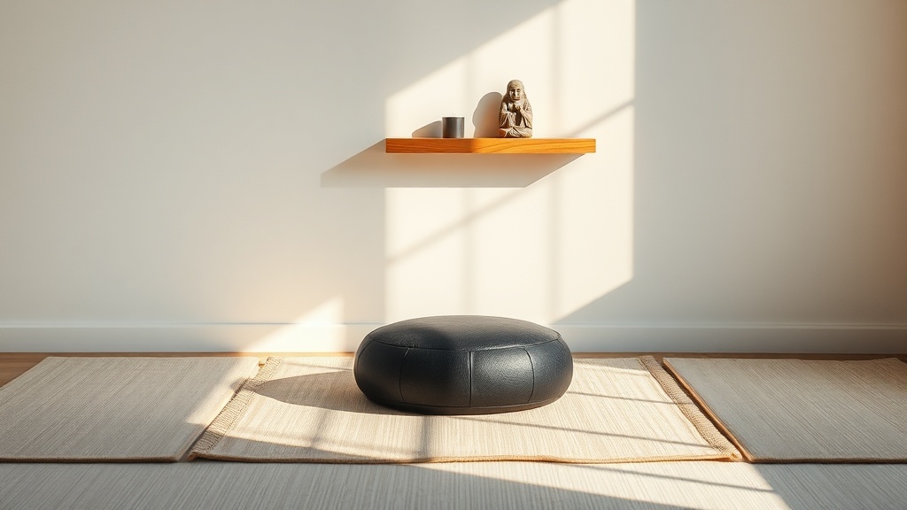 Simple home meditation corner with a zafu cushion, zabuton mat, and small wooden altar shelf