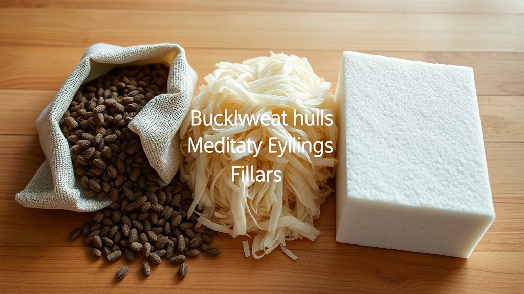 Close-up of three meditation cushion filling materials: buckwheat hulls, kapok fiber, and dense foam