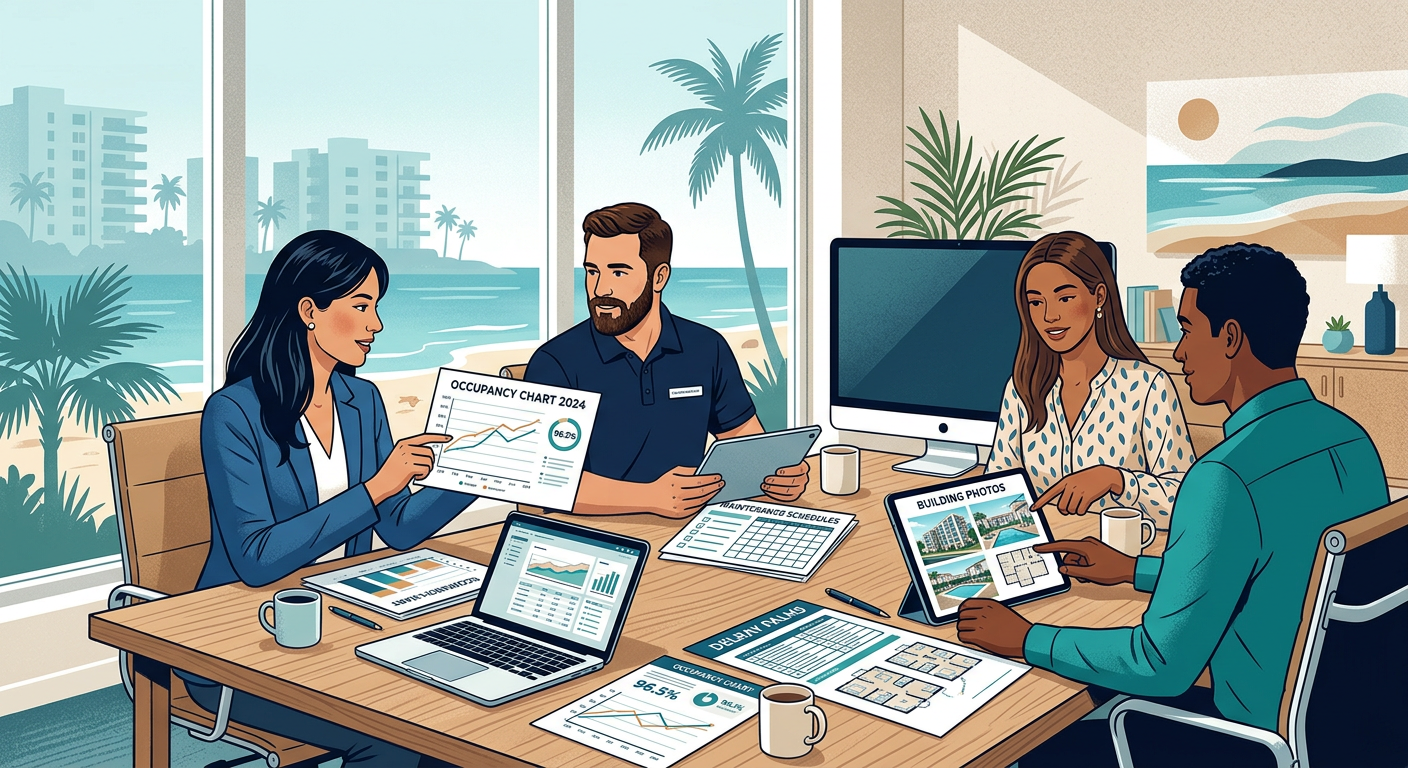Modern editorial-style illustration of a property management team reviewing occupancy charts, maintenance schedules, and b...