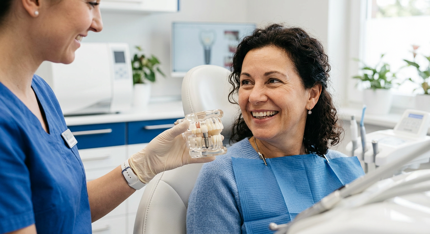 Close-up photorealistic scene of a dental implant model and smiling patient in a contemporary exam room, crisp white and b...