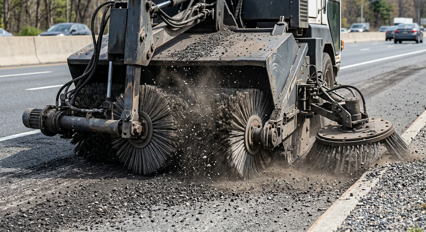 In-content photorealistic close-up of a mechanical broom street sweeper picking up asphalt millings along a highway edge, ...