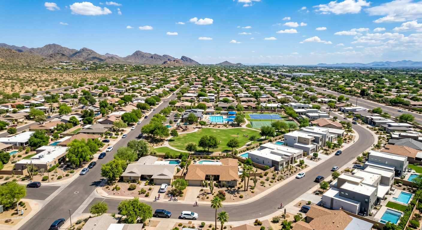 A bright aerial-style photorealistic view of a Scottsdale family neighborhood with tree-lined streets, community parks, de...