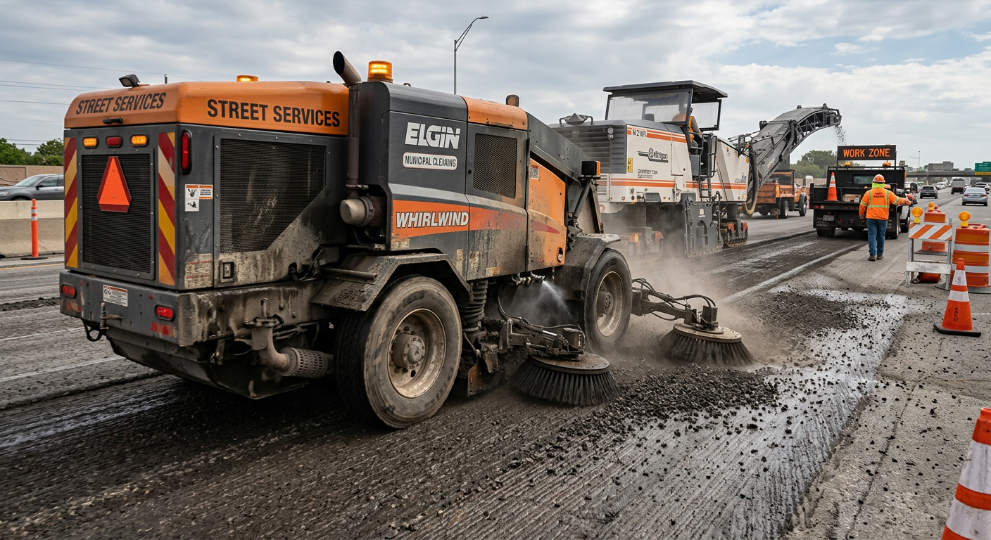 A realistic construction site scene showing a heavy-duty street sweeper loading coarse milling debris from a freshly mille...