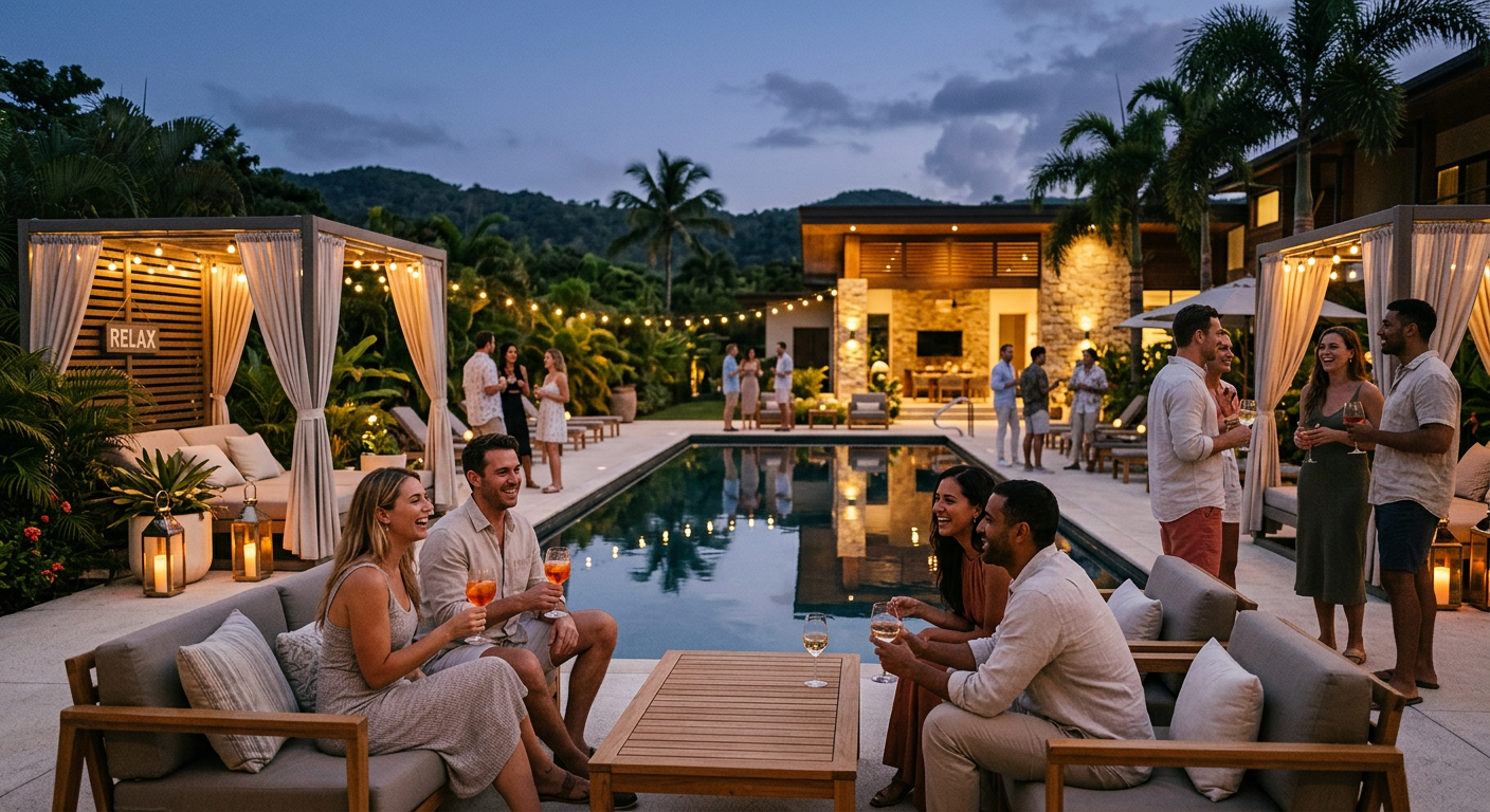 Modern lifestyle resort pool gathering at dusk with couples chatting in small groups, soft ambient lighting, chic cabanas,...