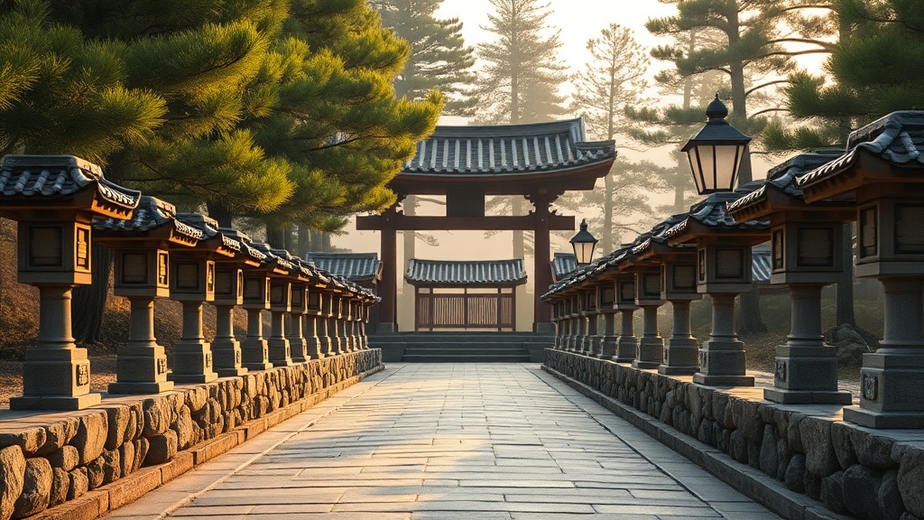 Allée de lanternes en pierre menant au portail d'un temple bouddhiste coréen dans la montagne