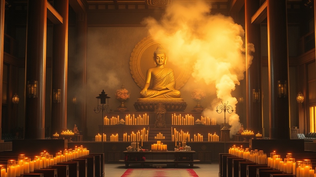 Intérieur d'un daeungjeon coréen avec statue de Bouddha sur l'autel, encens et lumière dorée