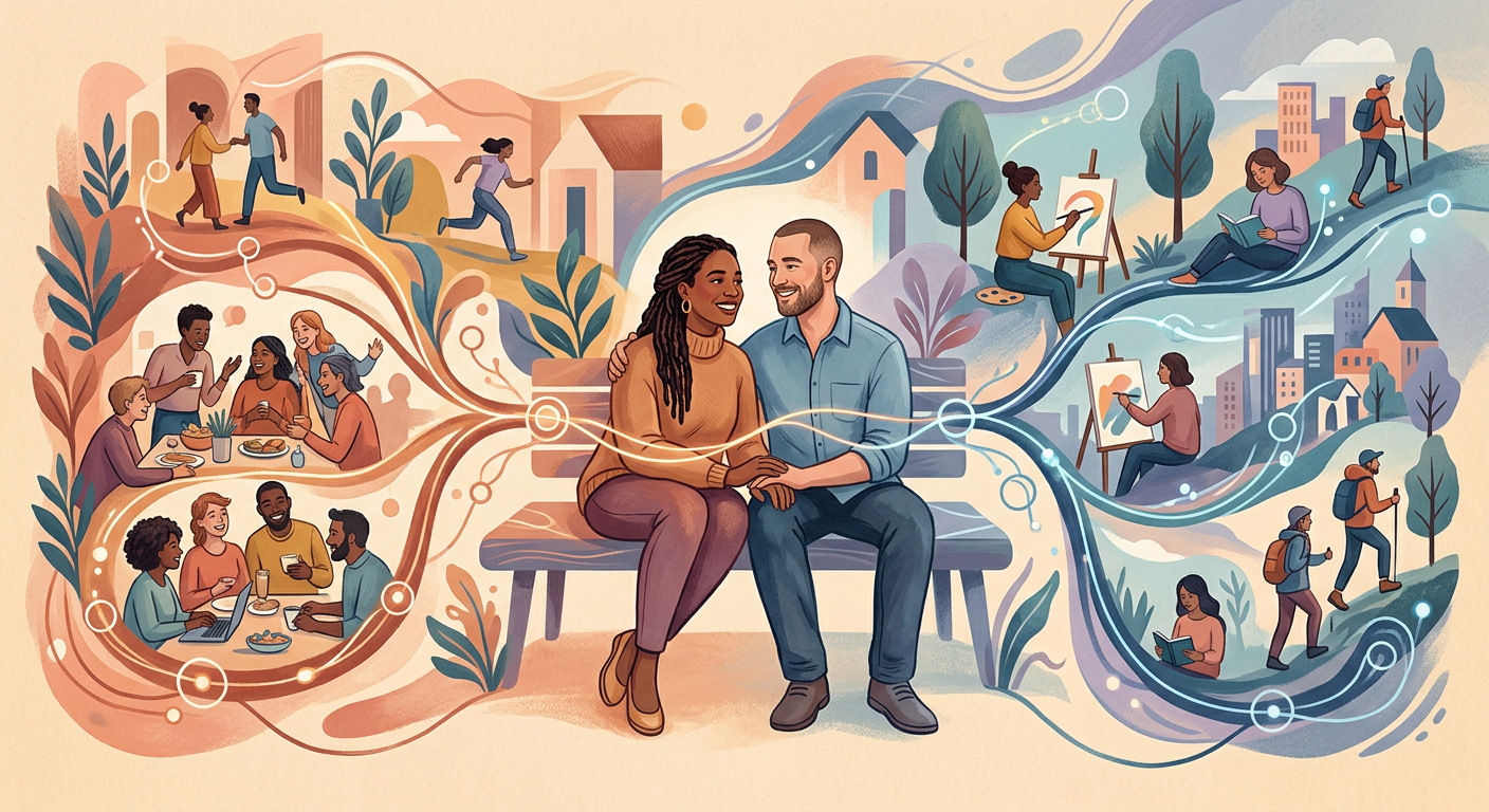 A modern editorial-style illustration of a couple and two separate connection paths branching outward, with warm and cool ...