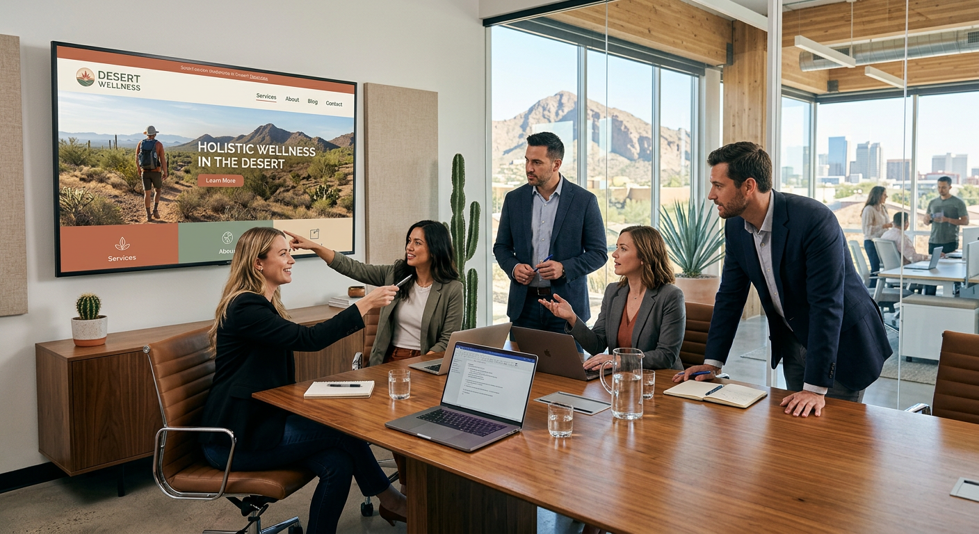 A corporate marketing team reviewing a website mockup on a large screen in a modern Phoenix office, clean layout with dese...