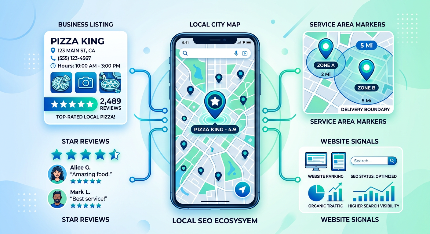 Modern illustrated local search ecosystem showing a business listing, star reviews, service area markers, website signals,...