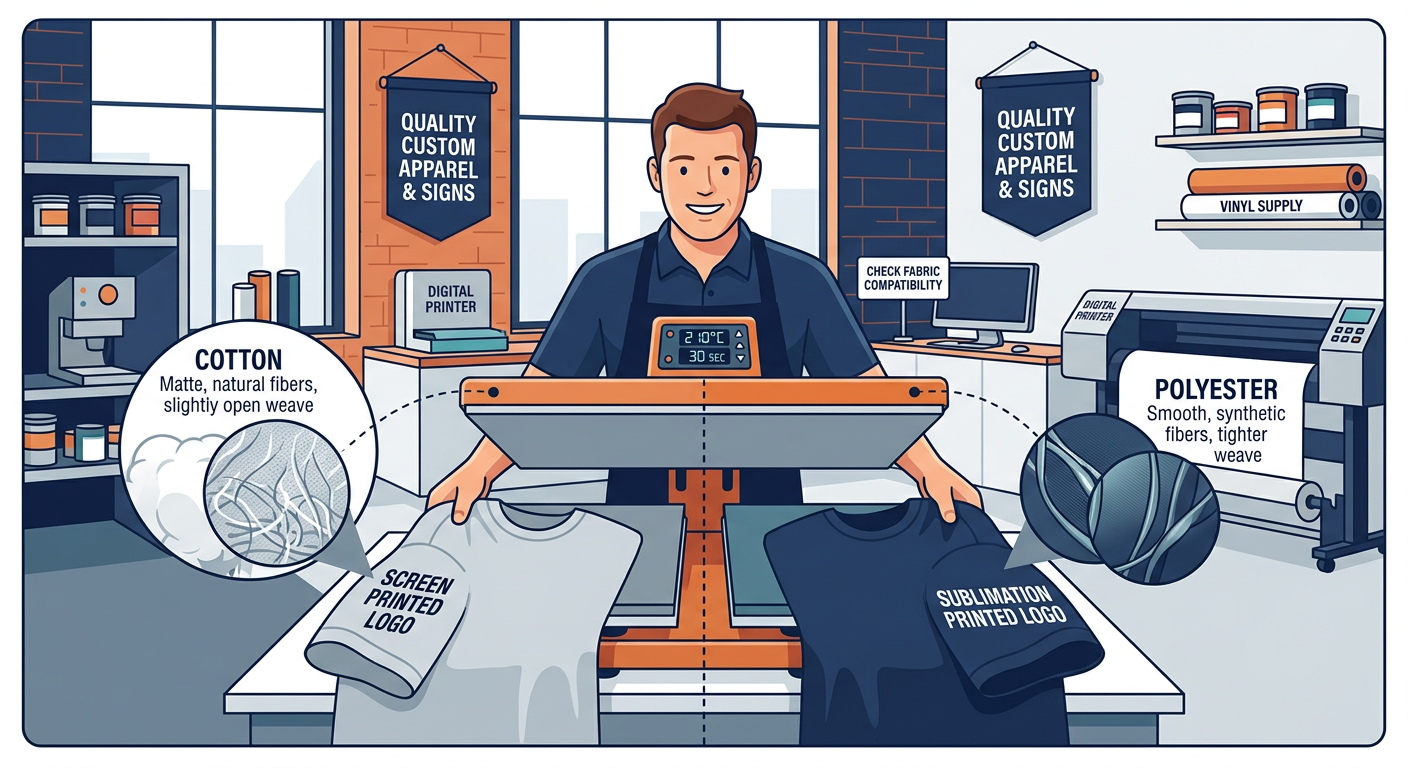 Modern illustrated print-shop scene showing a technician comparing cotton and polyester shirts under a heat press, with su...