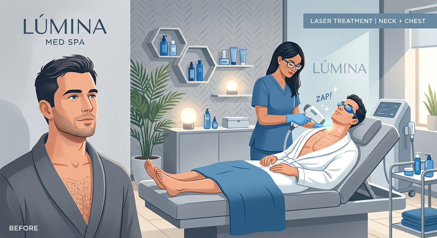 Modern editorial-style illustration of a male grooming transformation, showing a clean before-and-after concept with a man...