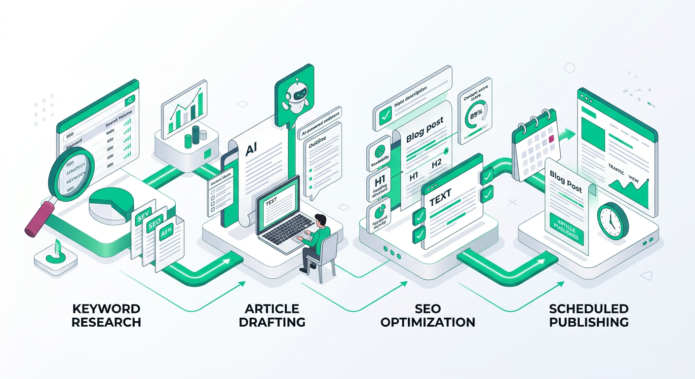 Flat isometric illustration of a content automation workflow with keyword research, article drafting, SEO optimization, an...