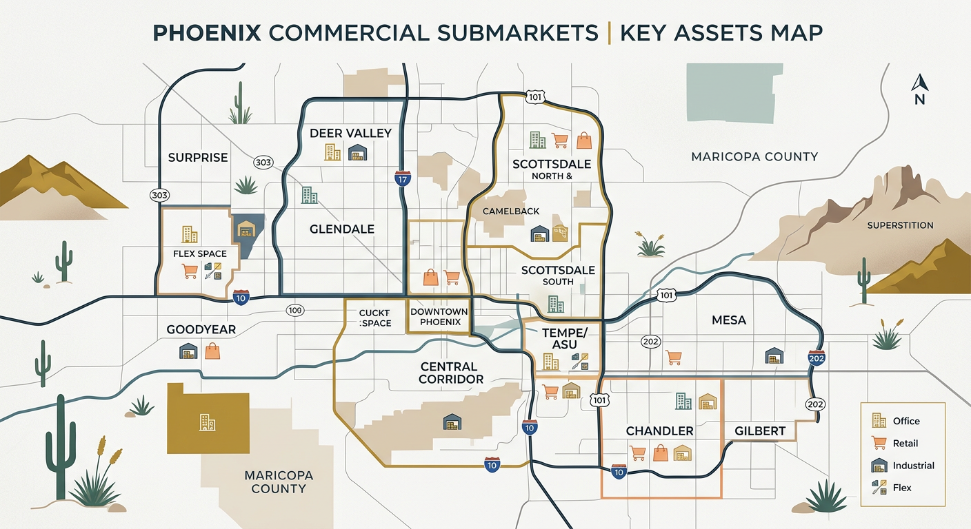 Modern informational illustration of Phoenix commercial submarkets shown through a clean city map concept, with subtle ico...