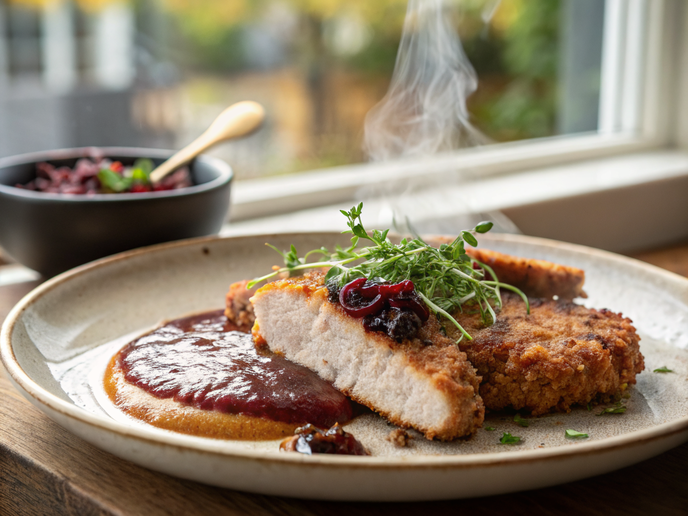 Bavarian Pork Schnitzel with Pretzel Crust and Spiced Plum Sauce