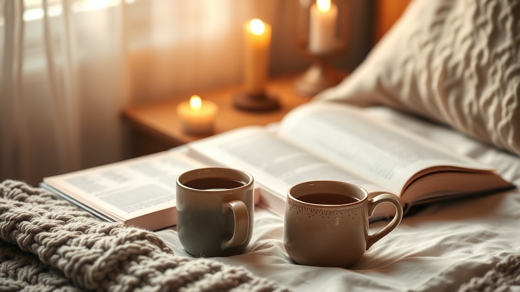 Tasse de hojicha sur une table de nuit à côté d'un livre, ambiance cosy du soir