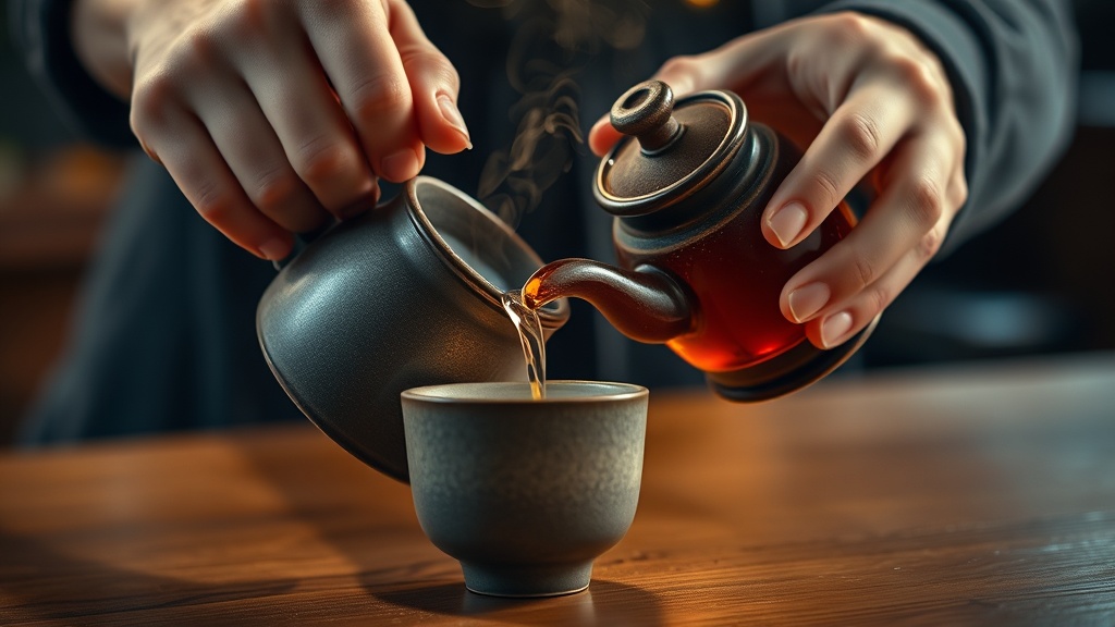 Versement de hojicha ambré dans une tasse en céramique japonaise avec de la vapeur