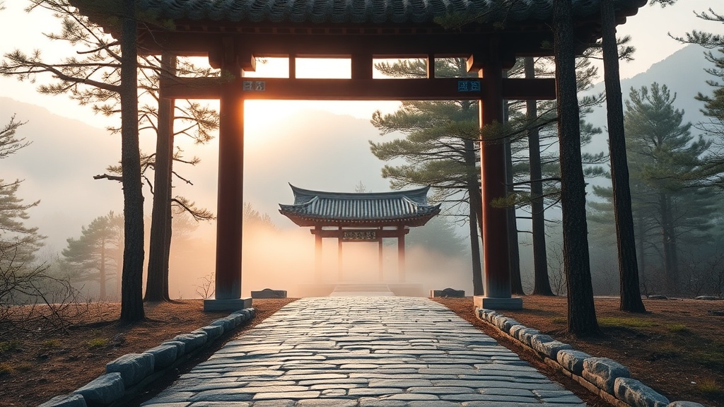 Sentier de pierre menant vers un temple coréen dans les montagnes Kumgang, brume matinale et forêt de pins